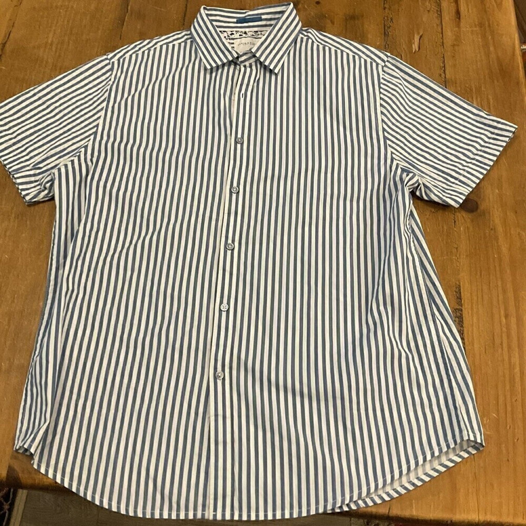 Denim & Flower Womens Casual Stripe Blouse Size L, Short Sleeve #1088 See Photos