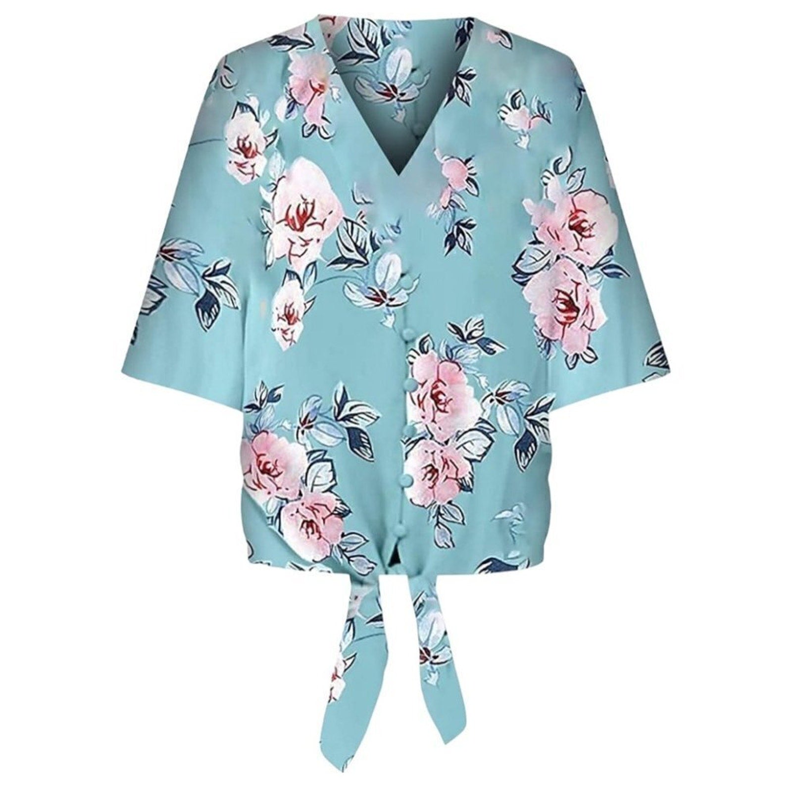 Women's 2XL Aqua Floral Tie Blouse 3/4 Sleeve Casual Boho Style #F1223