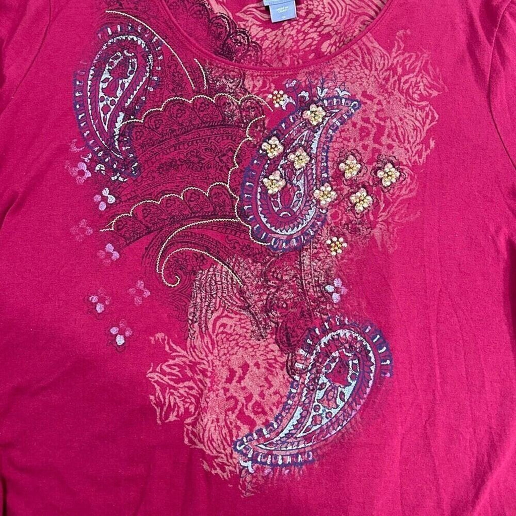 Laura Scott Women Plus Size 1x Dark Burgundy Paisley T-Shirt Top Beads #K1372
