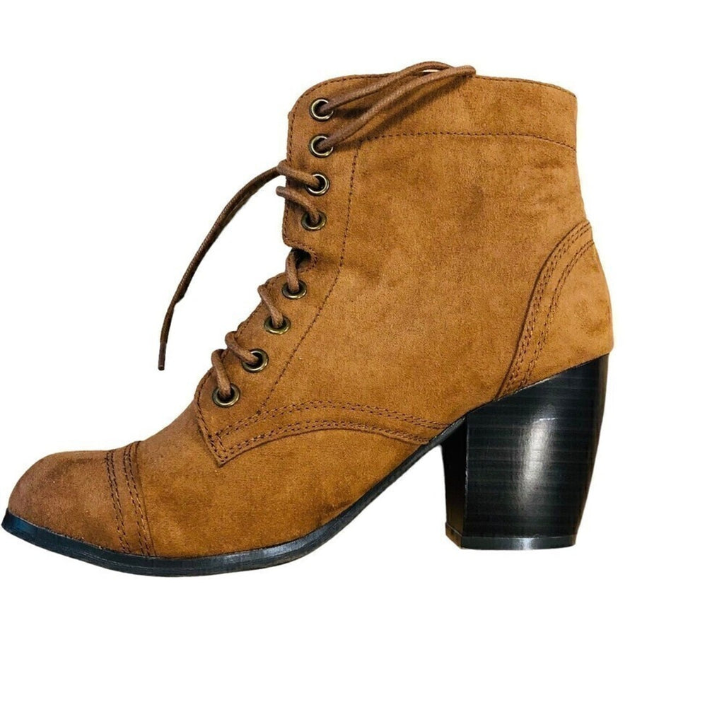 C & R Women’s Faux Suede Lace‑Up Ankle Bootie — Brown, Size 8, 3" Heel #S4