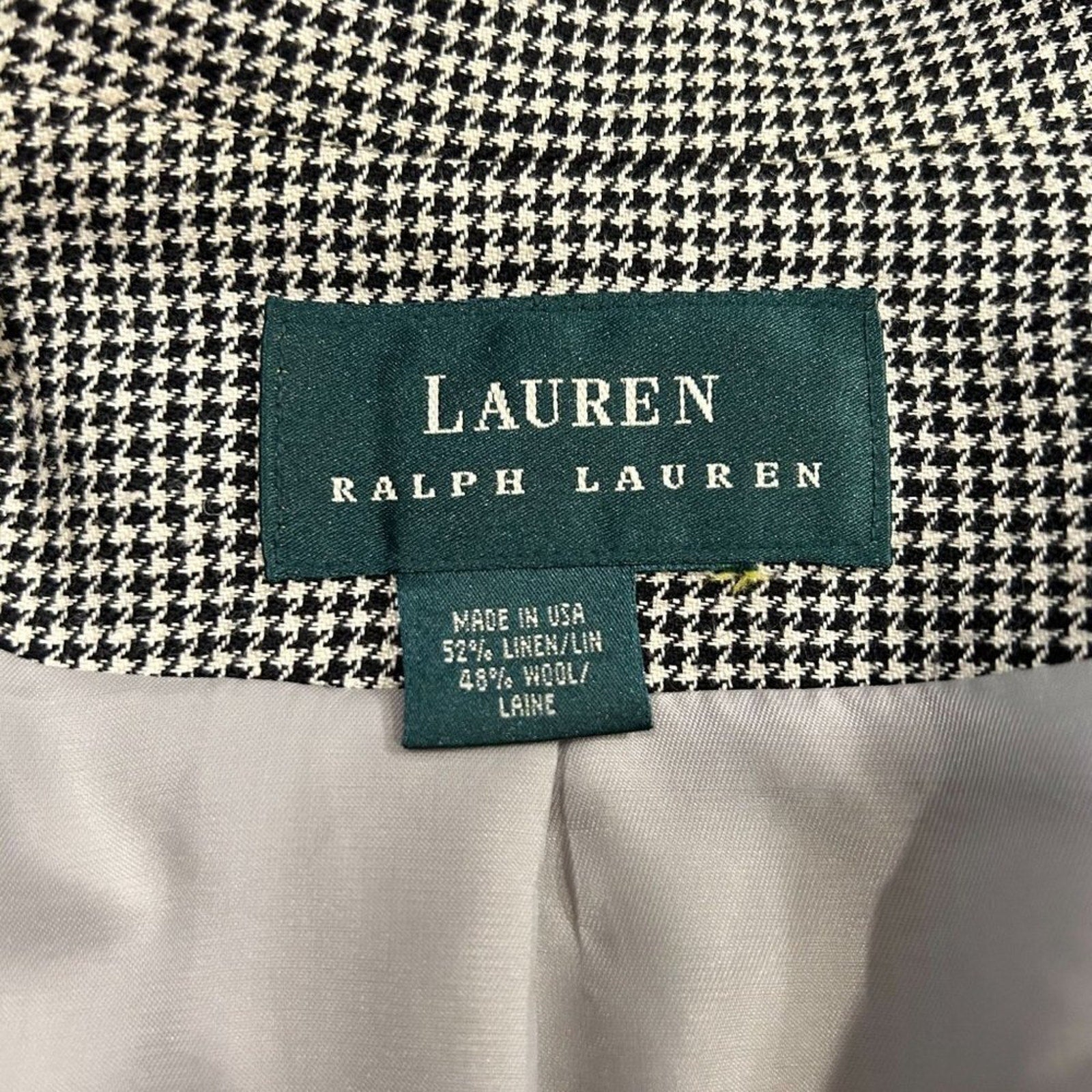 Lauren Ralph Lauren Women's Blazer Linen Wool Blend Houndstooth Classic #HB