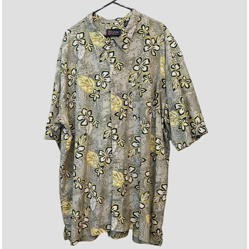 HB Harbor Bay Men's Hawaiian  Floral Print 4X 100% Cotton Gray Yellow #1168