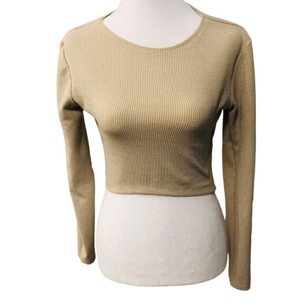 ZARA Beige Crew-Neck Long-Sleeve Crop Top (Size M) – Lightweight, All-Season Style #1085