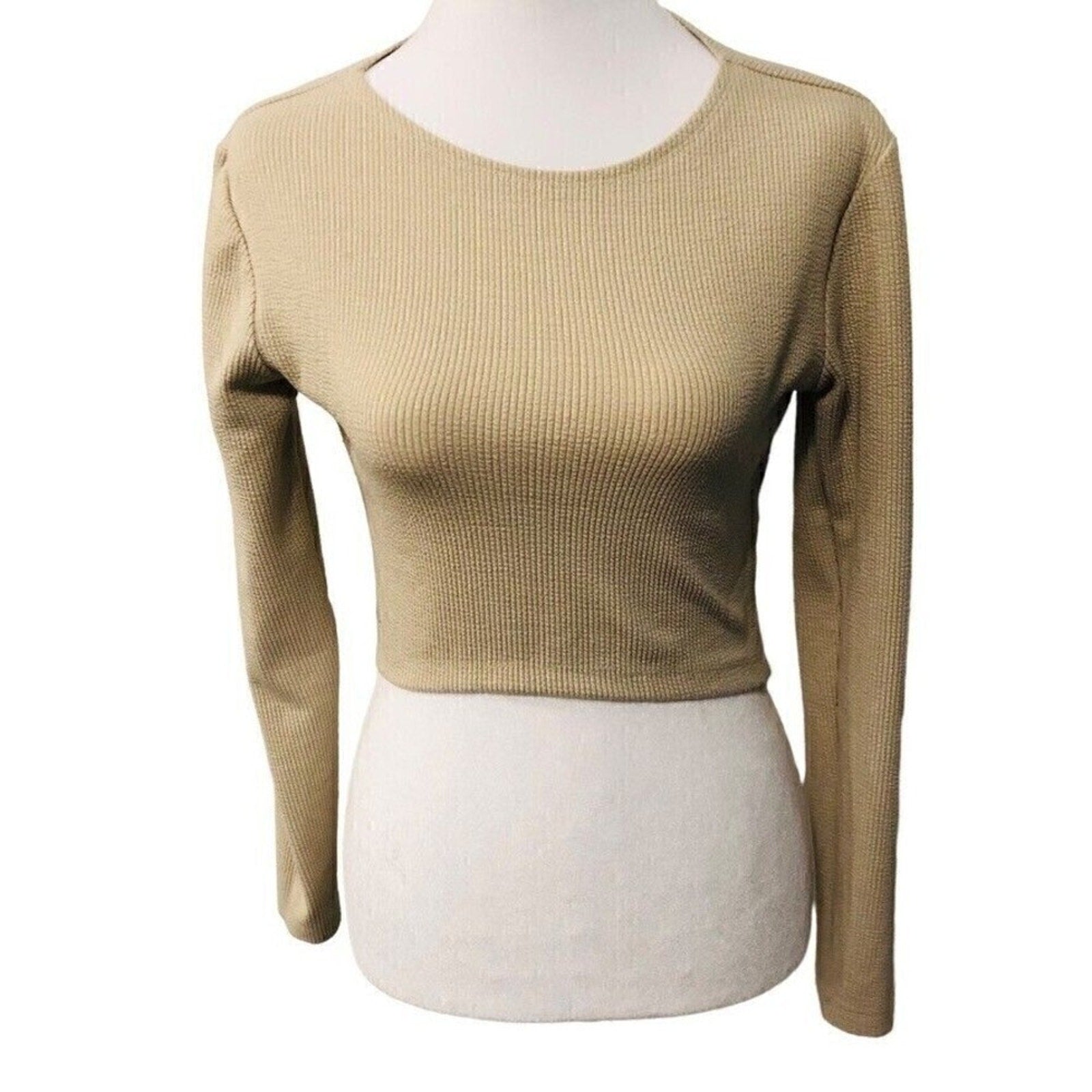 ZARA Beige Crew-Neck Long-Sleeve Crop Top (Size M) – Lightweight, All-Season Style #1085