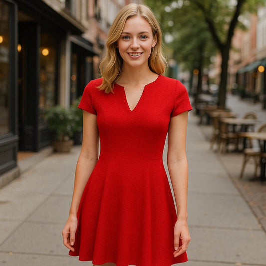 JULIA JORDAN  DRESS/Lined, Sz. 8, V-Neck/, Cap+ Sleve, Red, Flair Base