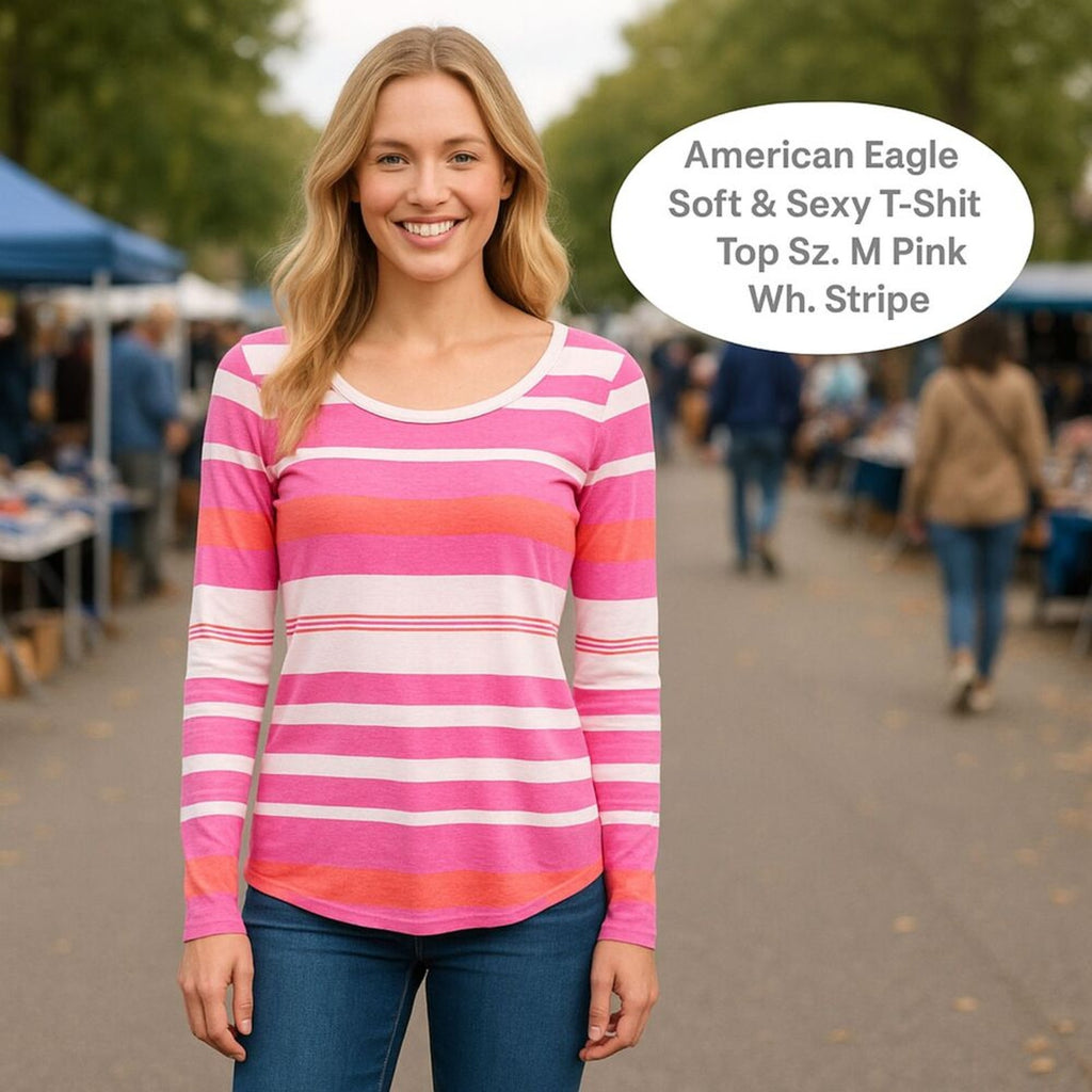 American Eagle Soft & Sexy Long Sleeve T-Shirt – Women’s Size M, Pink & White Stripes, Scoop Neck