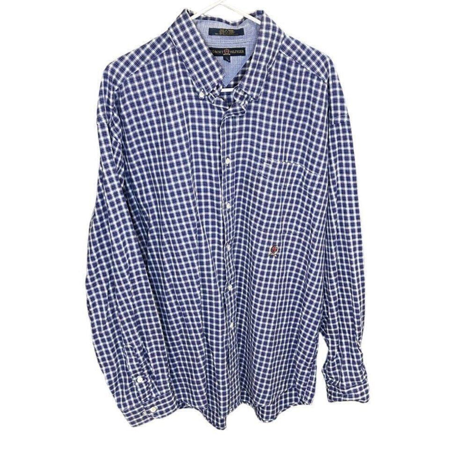Tommy Hilfiger  Mens Shirt Size XL Blue White Button Up Long Sleeve Check #M1362