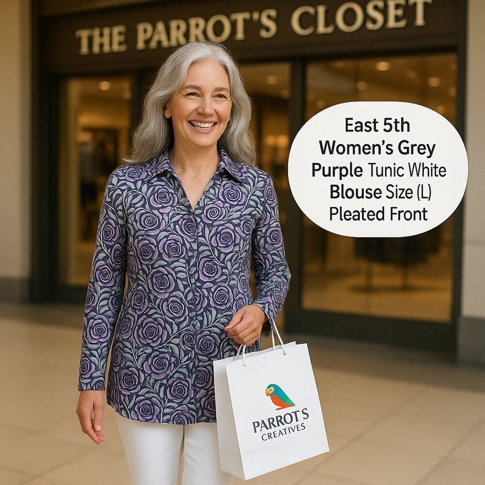 East 5th Women's Grey Purple Tunic White Blouse Size (L) Pleated Front #SH