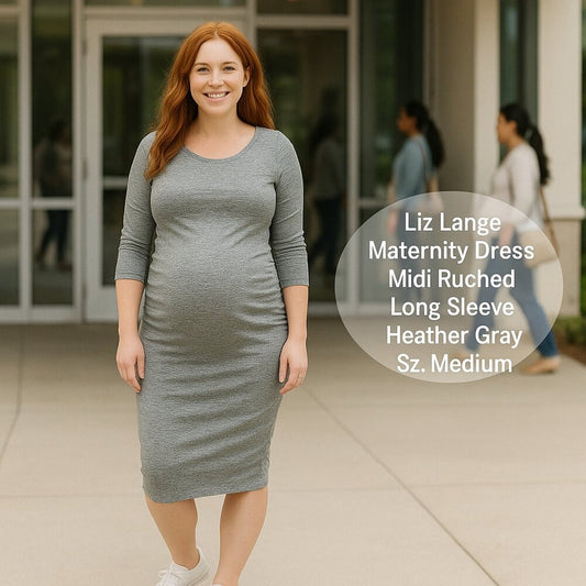 Liz Lange Maternity Dress Midi Ruched Long Sleeve Heather Gray Sz. Medium