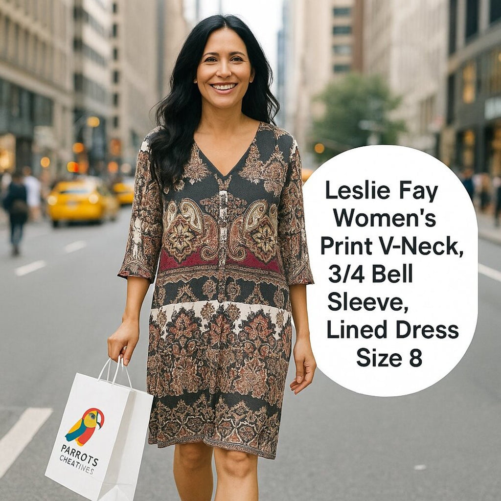 Leslie Fay Women’s Print V‑Neck, 3/4 Bell Sleeve, Lined Dress – Size 8 (HGR)
