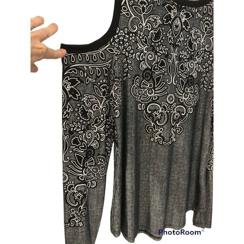 VENUS Gray Long Sleeve Top/Blouse Black Trim Draw String Front Closure Sz.(M)