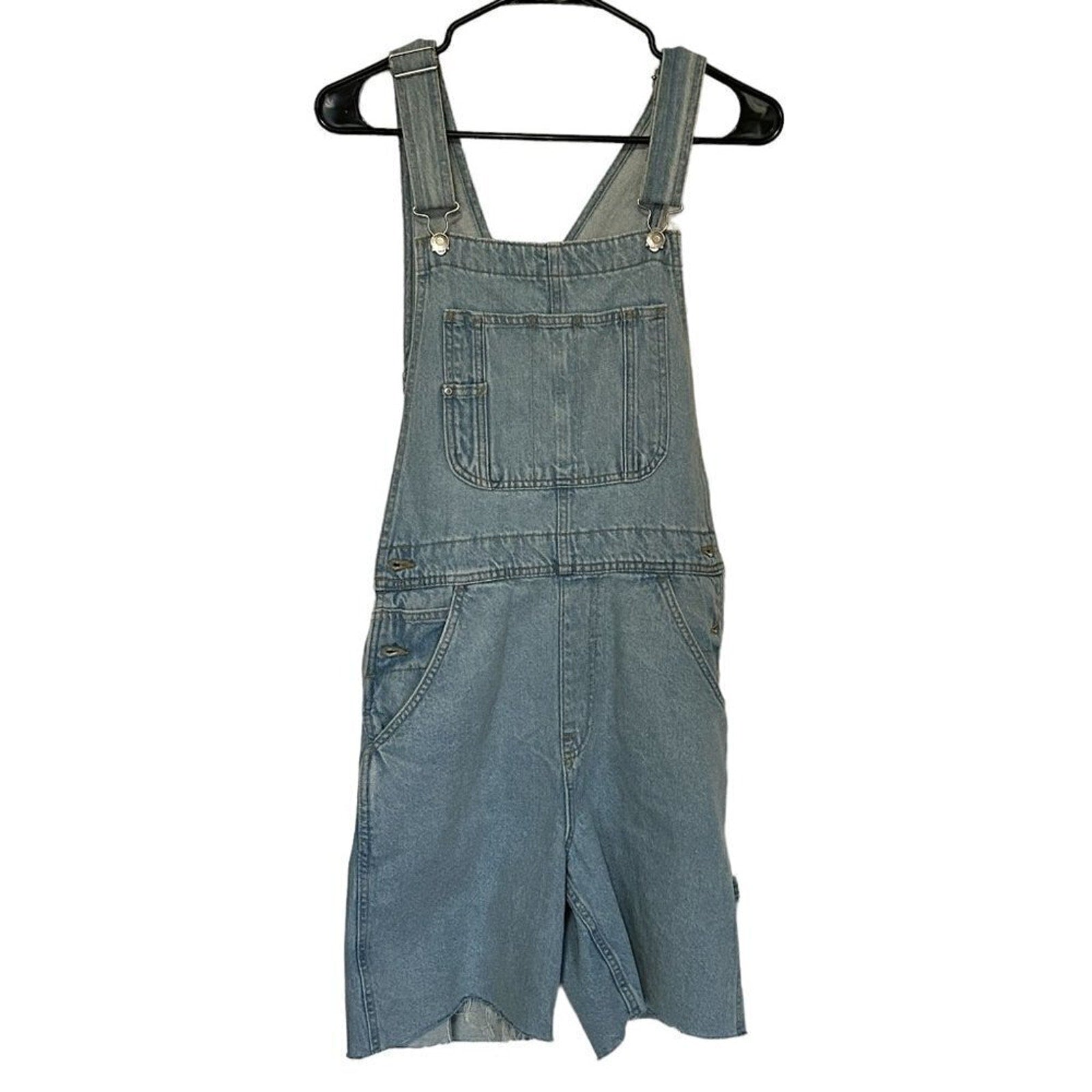 Denim Co. Overall Shorts Size (See Photos) Light Wash, Hook Straps / BiB #P1479