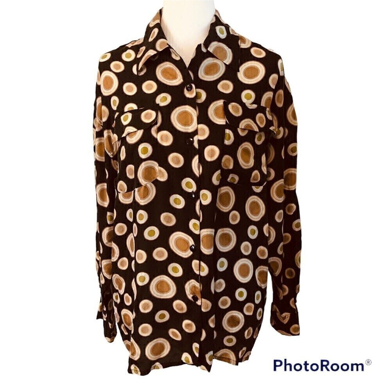 Vintage Cezar 100% Silk Circles Printed Buttoned Long Sleeve Blouse Size S/M