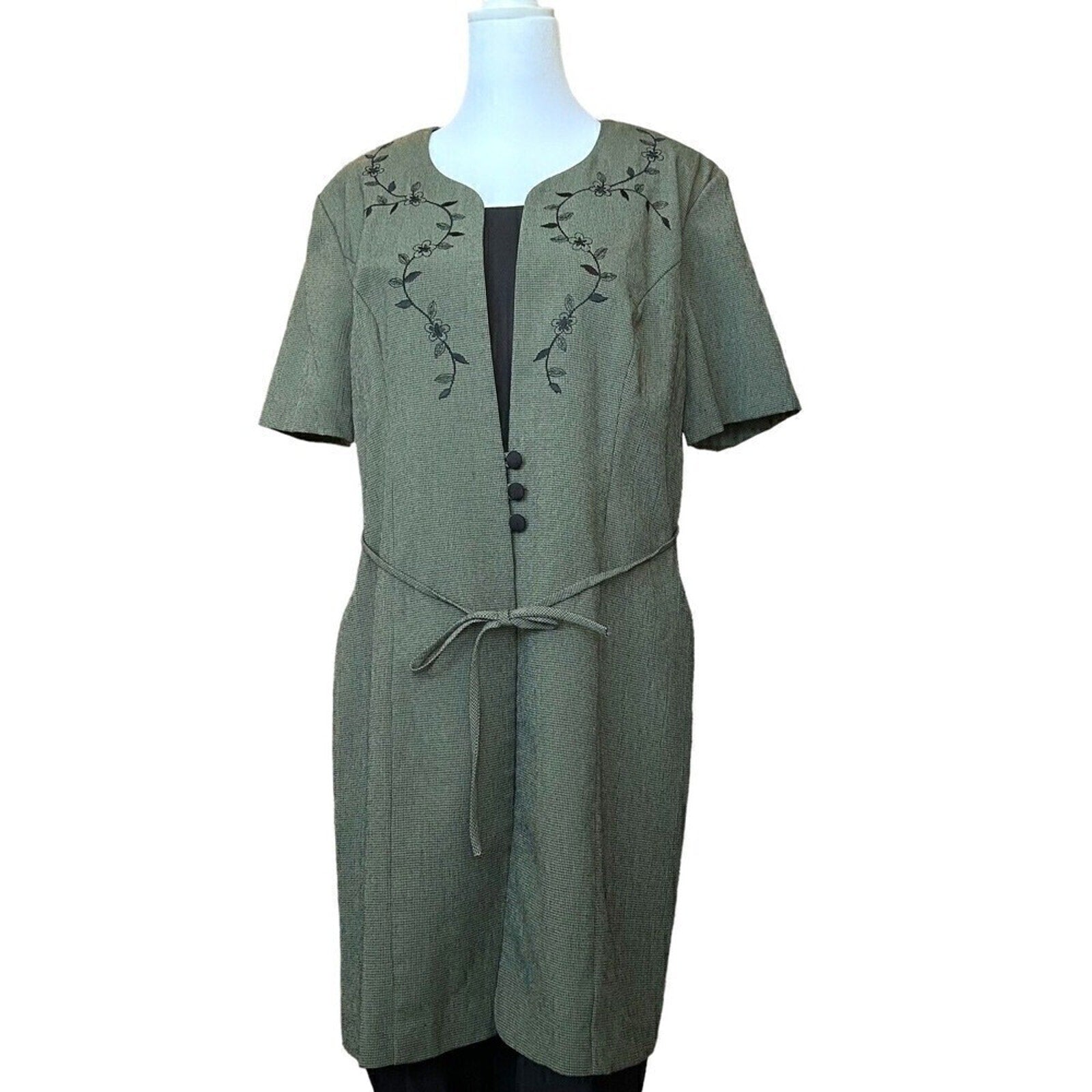 Miss Dorby Vintage Houndstooth Floral Embroidered Olive Dress Size 12 # HS