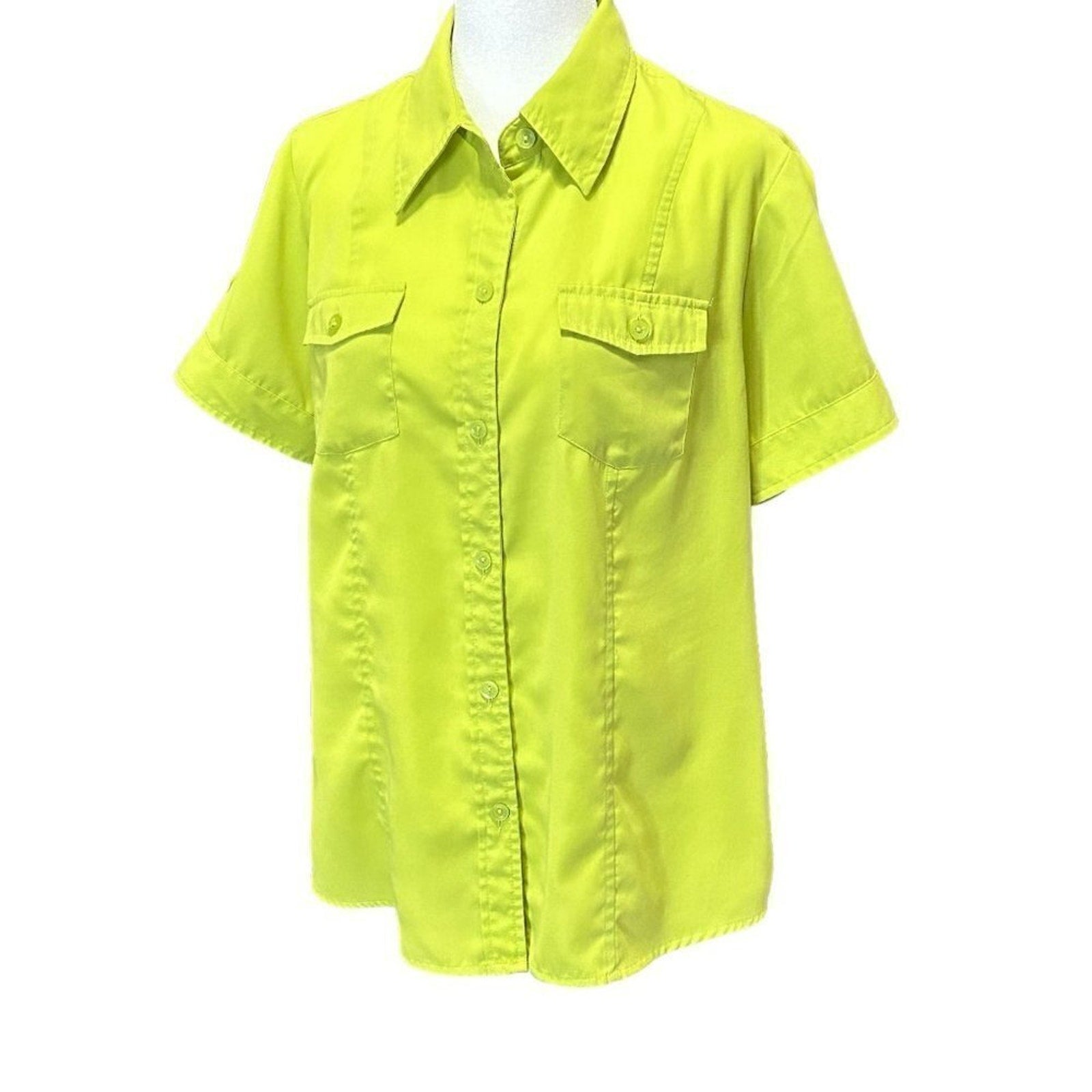 Joanna Women's Blouse Size L, Lime Green Top Short Sleeve #B1465