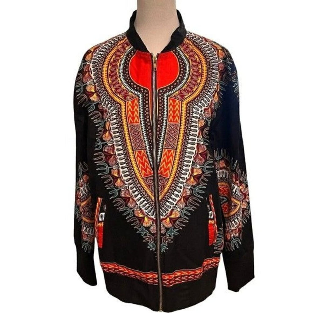 African Dashiki Women’s Jacket – Size XL, Long Sleeve Full-Zip, Breathable Dashiki Print, #SH