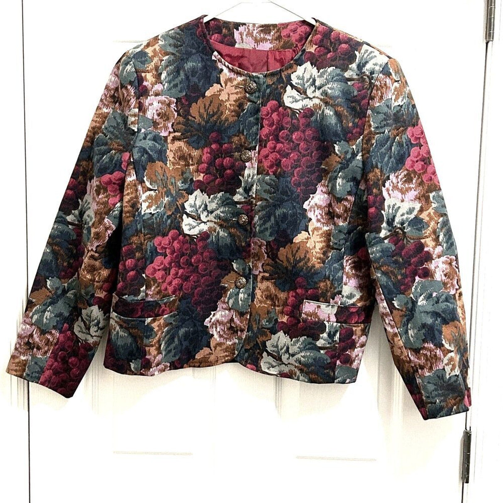 Vintage W.L.B.W. Wine Tapestry Crop Women's Blazer/Jacket Made In US Size M 8-10