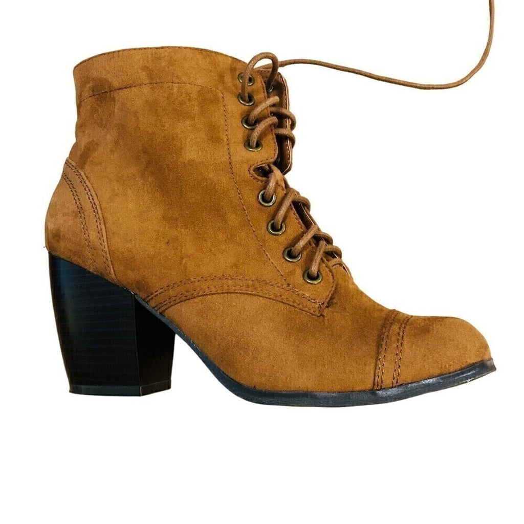 C & R Women’s Faux Suede Lace‑Up Ankle Bootie — Brown, Size 8, 3" Heel #S4