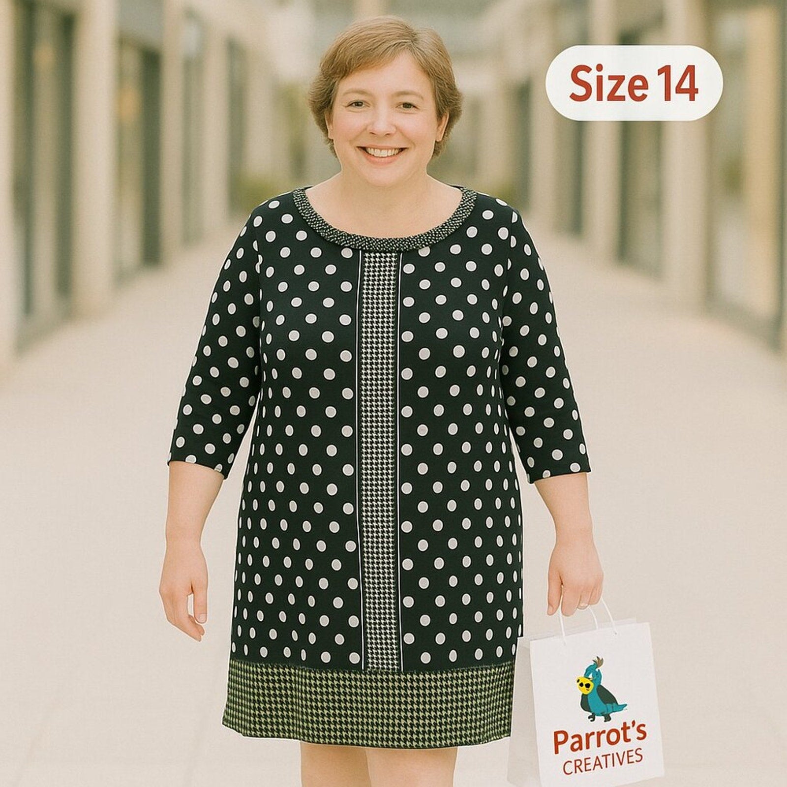 Donna Morgan women’s midi fit‑straight dress size 14 geo polka dot