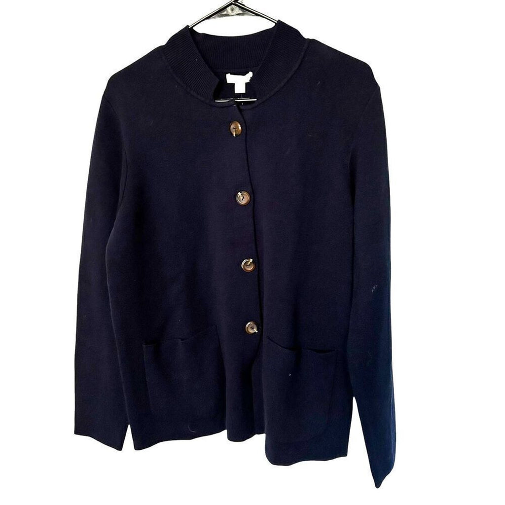 J.Jill Cardigan Pockets Sweater Cotton, Open Crew Neck Tight Knit Blue #017