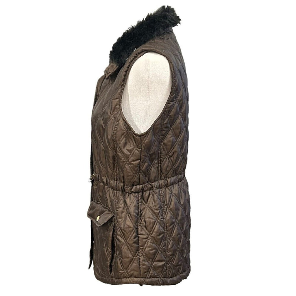 Casual Identity Quilted Vest Women's Sz. S Faux Fur Collar Snap Closure #K1349