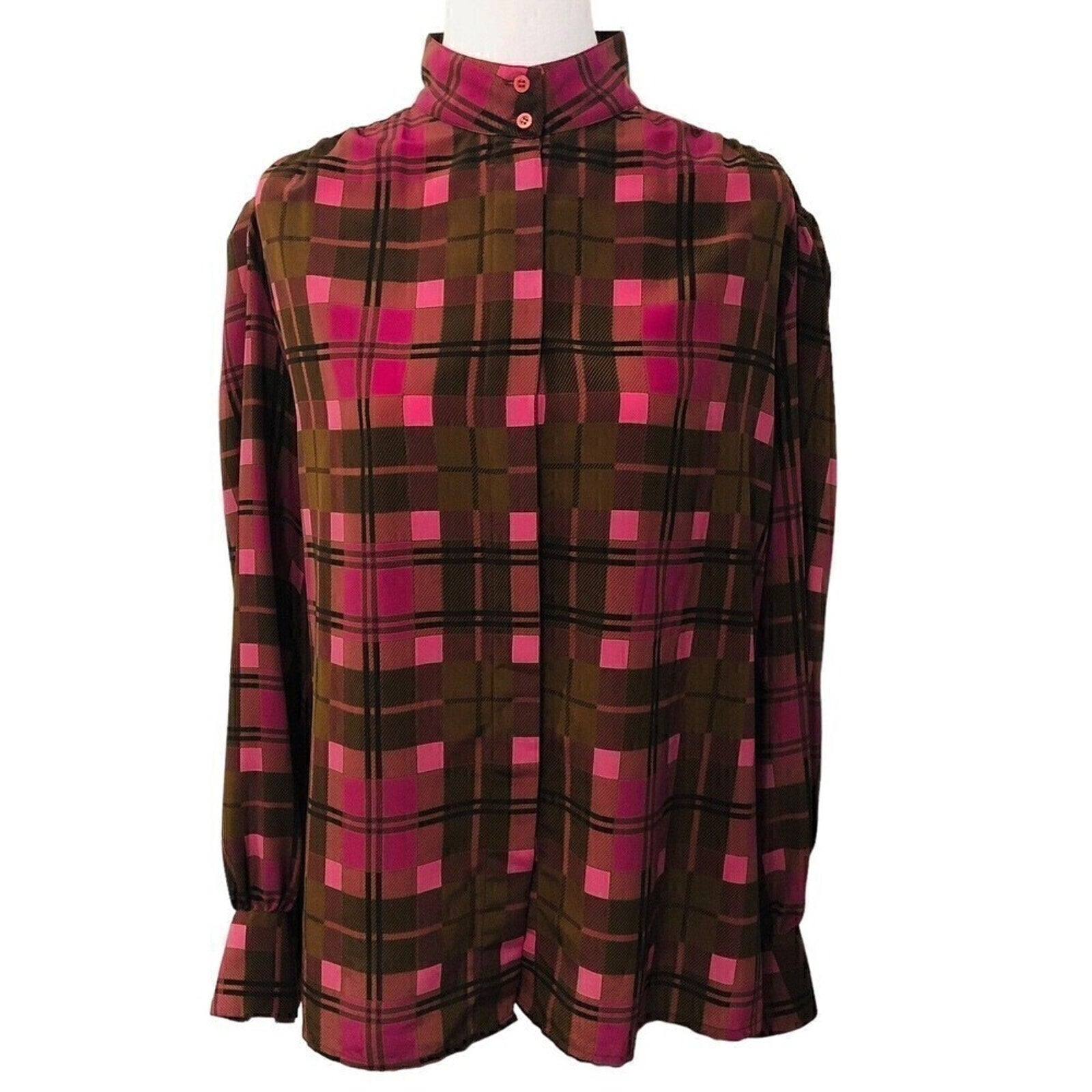 Vintage Lloyd Williams Shirt Women's Blouse Nehru Collar, Plaid Maroon/Pink