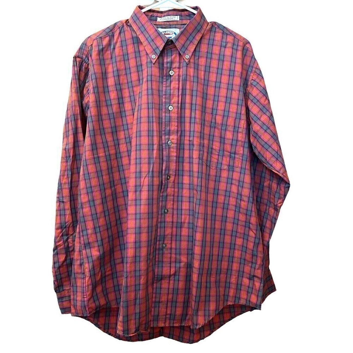 All American Men’s Button-Down Shirt – Size L, Red & Green Plaid, Long Sleeve #K-1357