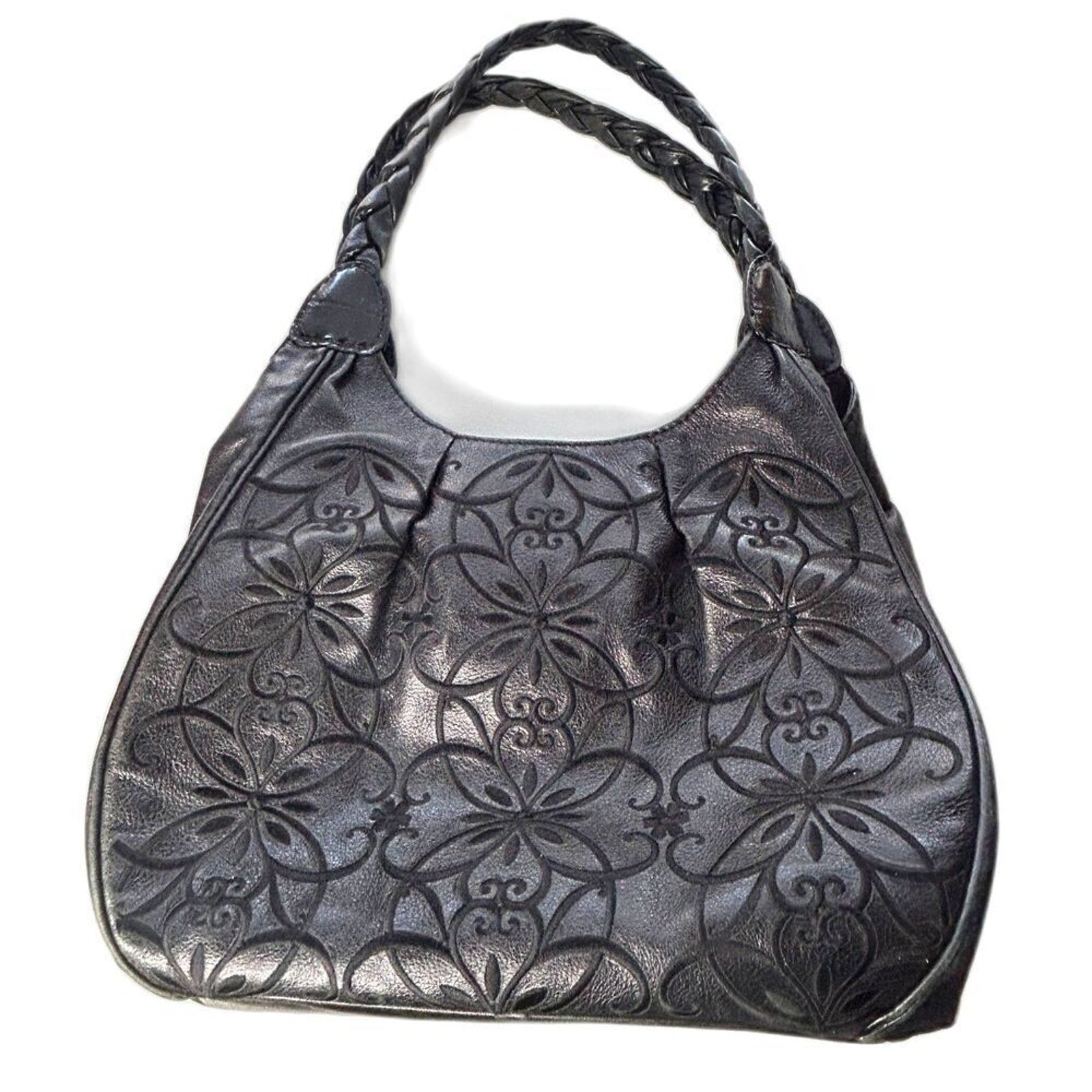Brighton Masterpiece Leather Black Florencia Embroidered Floral Purse Bag