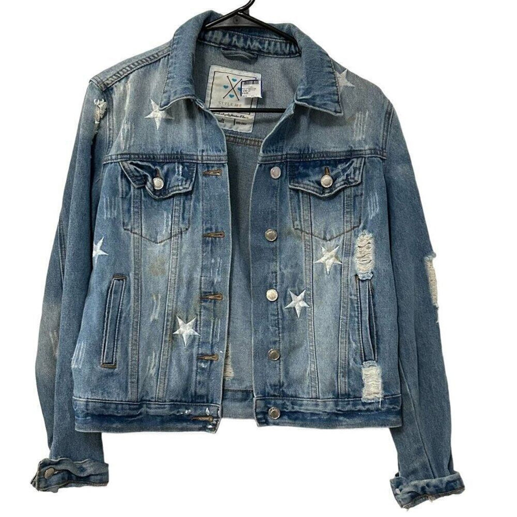 Style Me Distressed Denim Jacket Women's Size ( S ), Embroidered Stars #BH