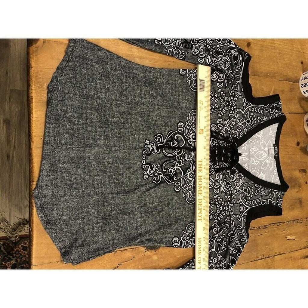 VENUS Gray Long Sleeve Top/Blouse Black Trim Draw String Front Closure Sz.(M)