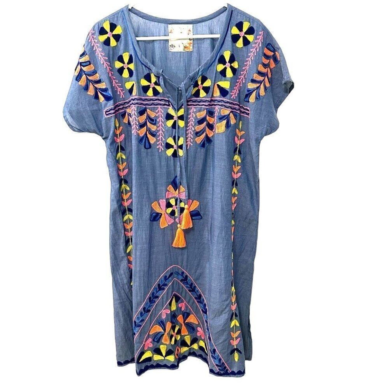 Lulalife Women’s Dress Size L — Cotton Blue Embroidered Floral Short Sleeve