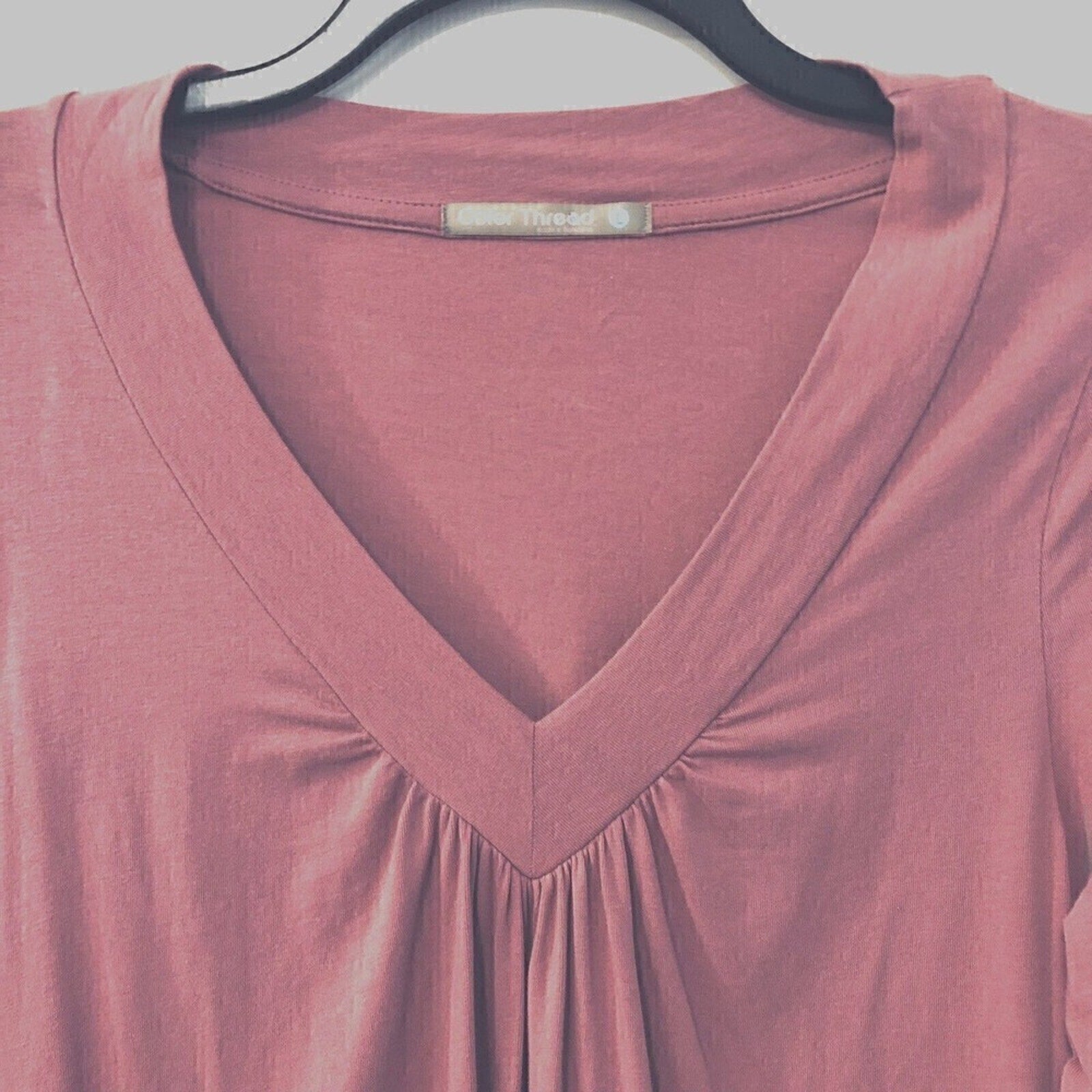 Color Thread Women V-Neck Long Sleeve Top Size L Light Red Brick