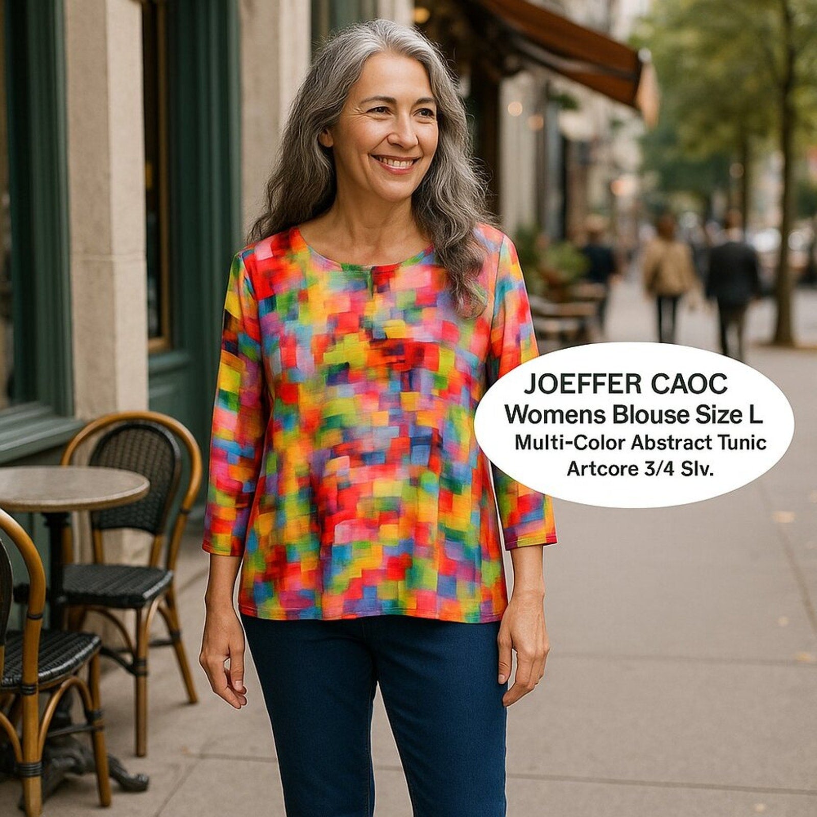 JOEFFER CAOC Womens Blouse Size L Multi-Color Abstract Tunic Artcore 3/4 Slv.#HB