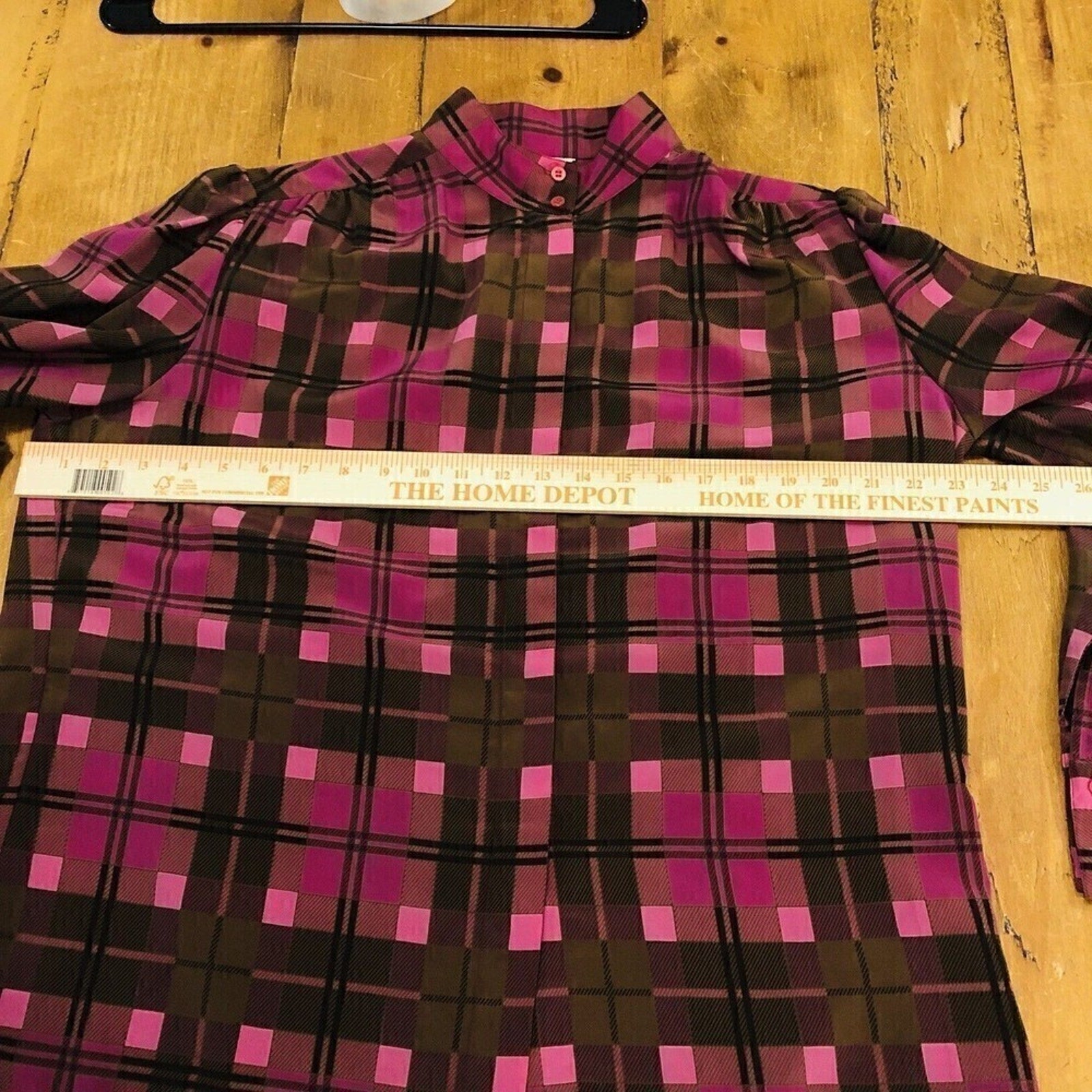 Vintage Lloyd Williams Shirt Women's Blouse Nehru Collar, Plaid Maroon/Pink