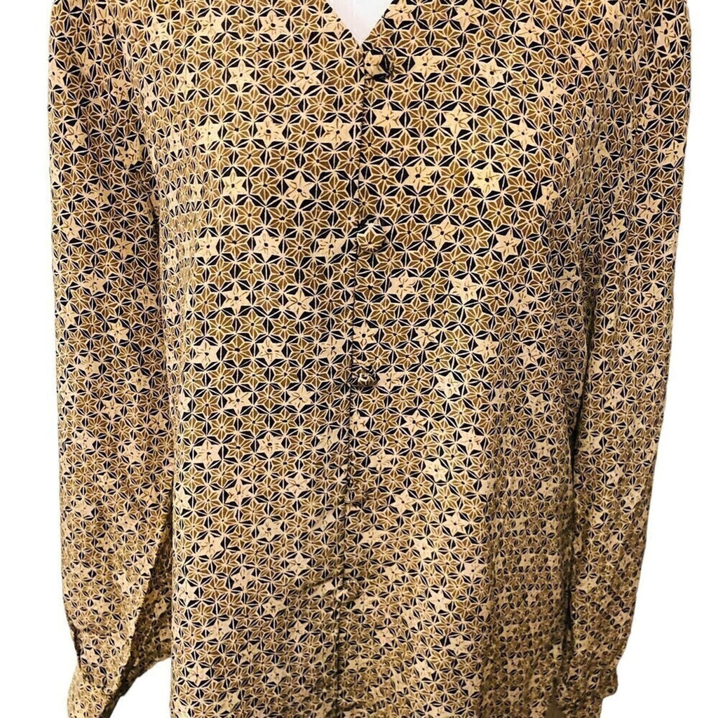 TESS Women's Vtg 100% Silk Black Brown Geo Print Button Blouse Size ( 10 )