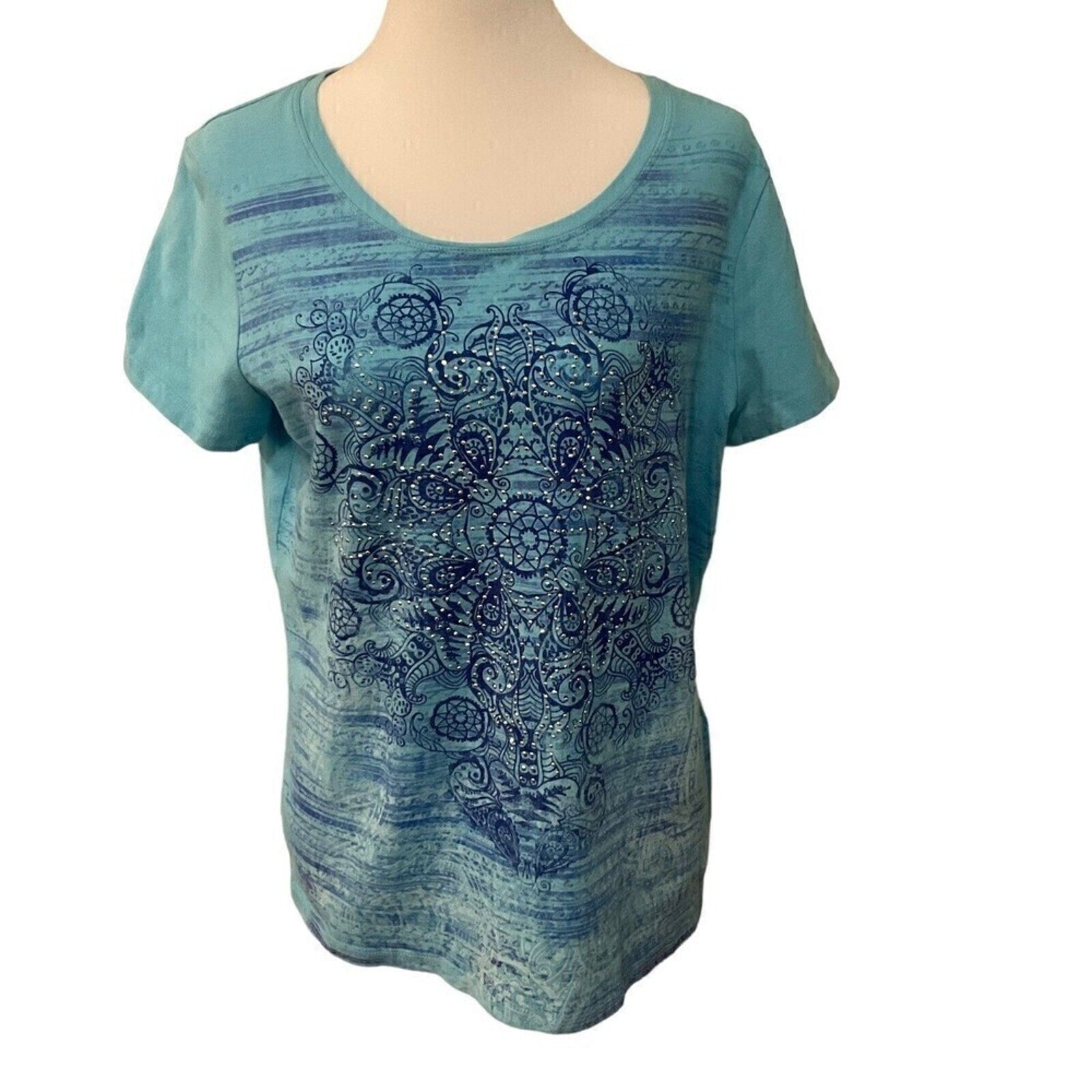 Chicos Women's Size 2 Tops Blue Studded Zenergy Cap Sleeve # 1089