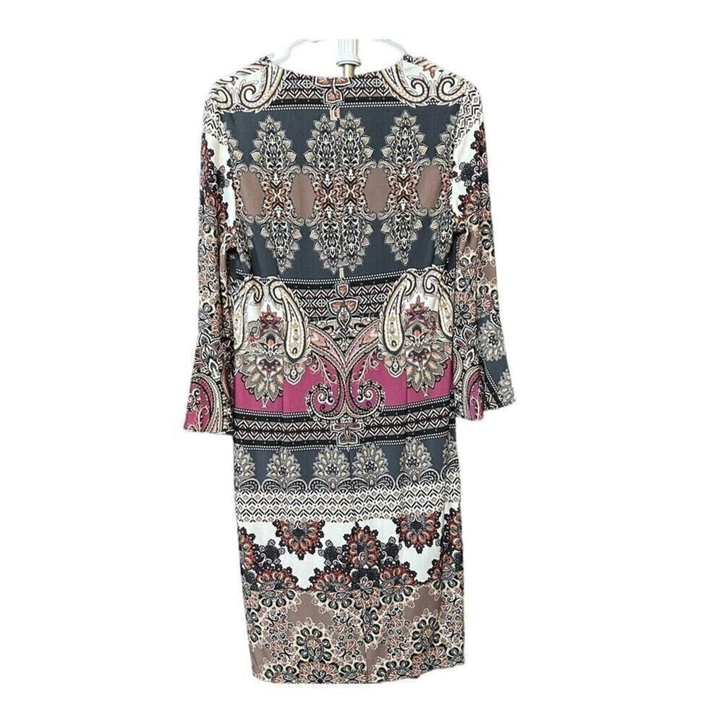 Leslie Fay Women’s Print V‑Neck, 3/4 Bell Sleeve, Lined Dress – Size 8 (HGR)