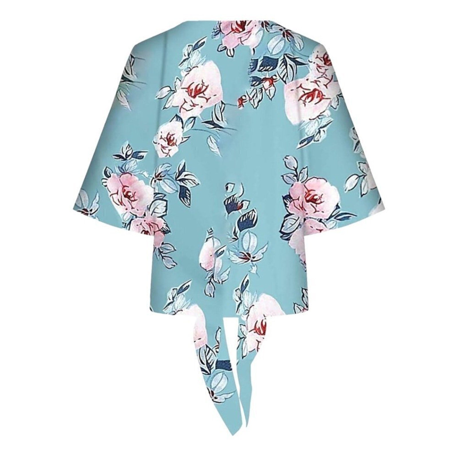 Women's 2XL Aqua Floral Tie Blouse 3/4 Sleeve Casual Boho Style #F1223