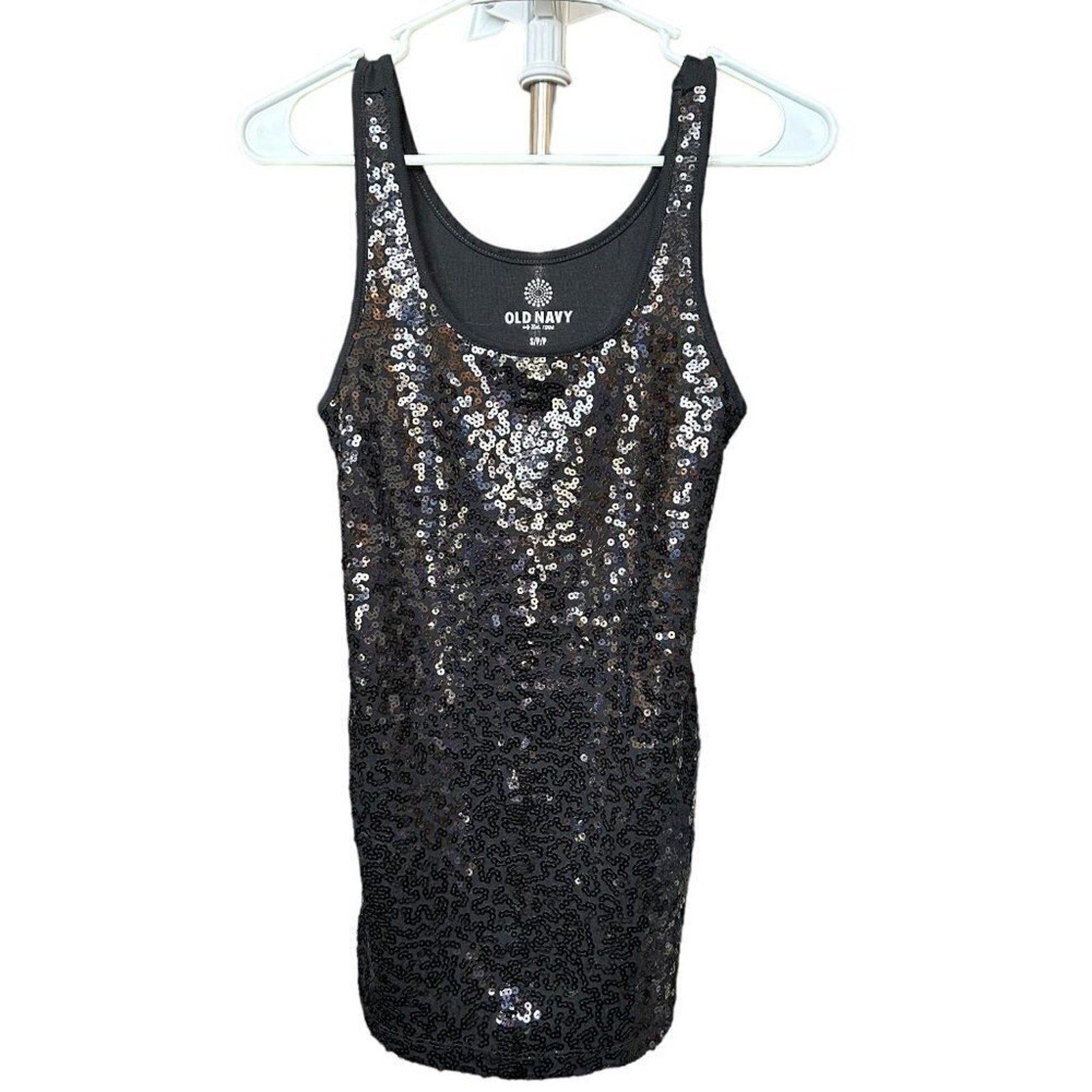Sequins Black Tank Top, Old Navy, Size Small Petite, Sequins Front, #A1195