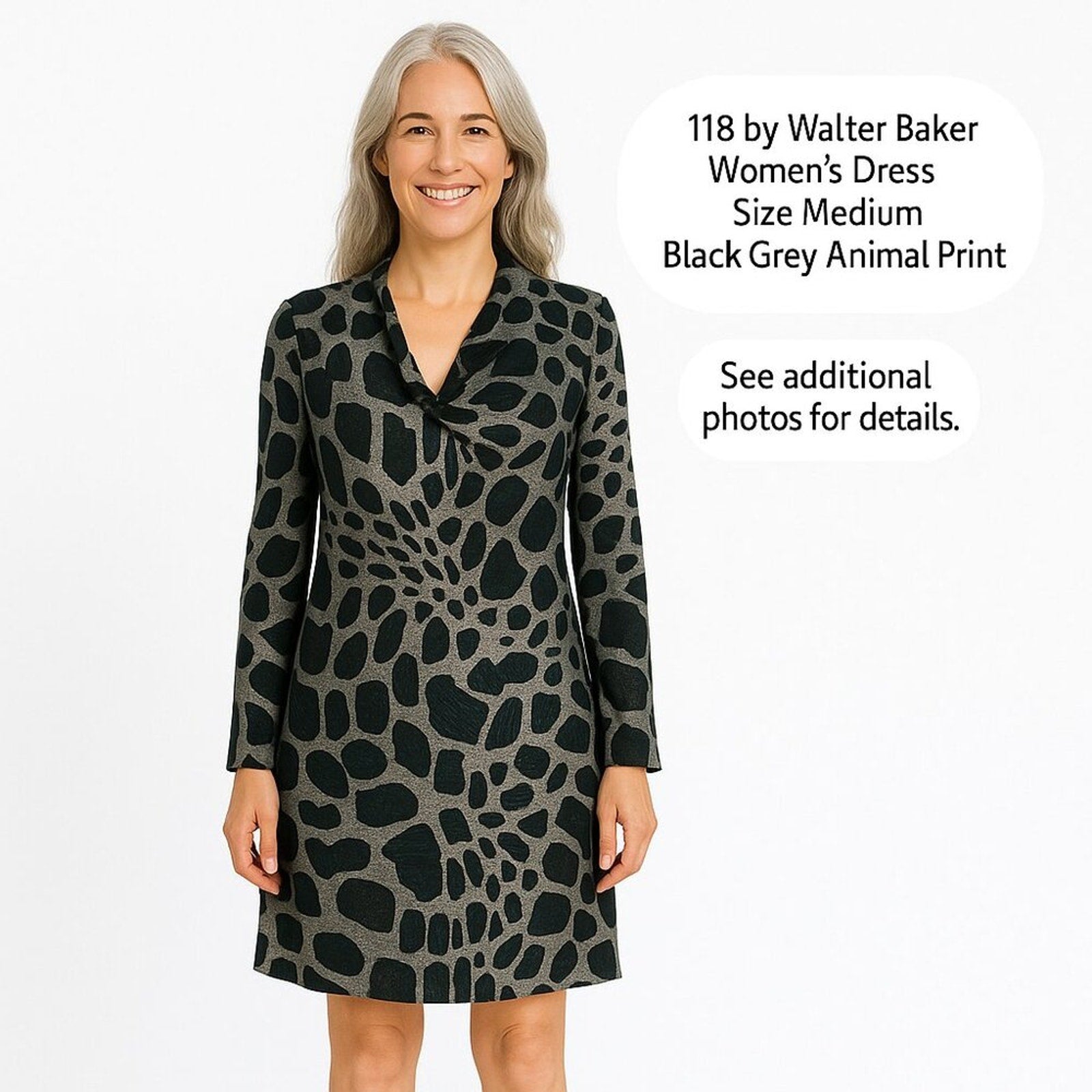 118 by Walter Baker Women’s Dress – Size Medium, Black & Grey Animal Print, Soft Flowing Fabric