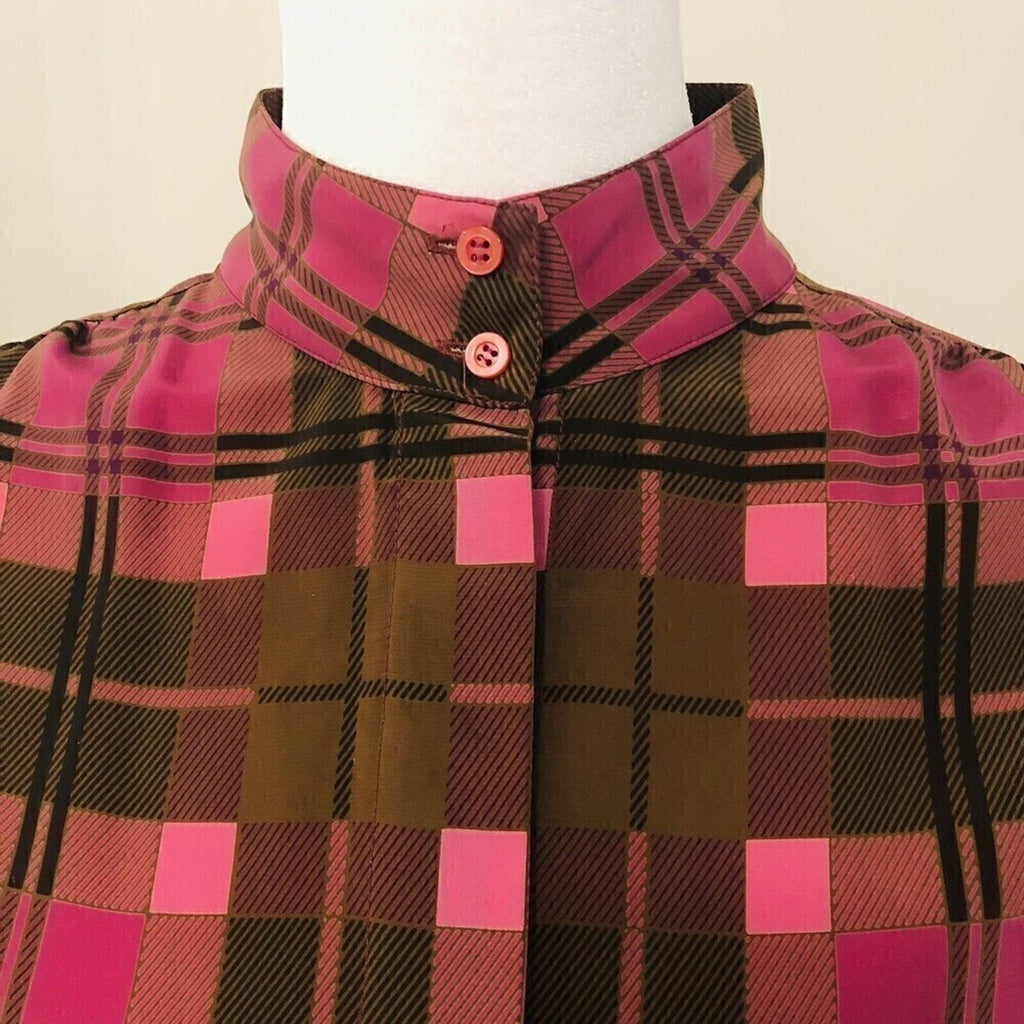 Vintage Lloyd Williams Shirt Women's Blouse Nehru Collar, Plaid Maroon/Pink