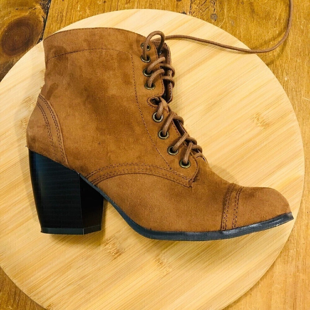 C & R Women’s Faux Suede Lace‑Up Ankle Bootie — Brown, Size 8, 3" Heel #S4