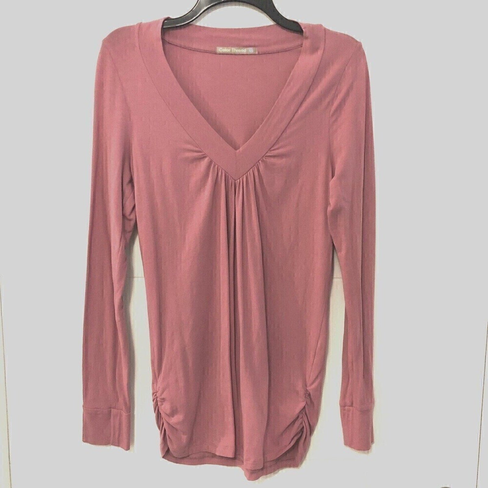 Color Thread Women V-Neck Long Sleeve Top Size L Light Red Brick