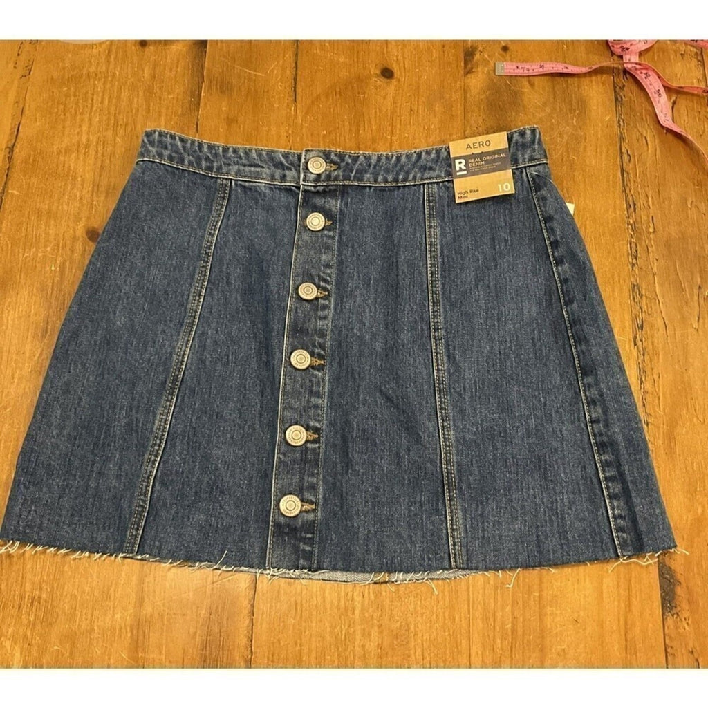 Aéropostale High-Rise Mini Frayed Denim Skirt – Size 10, Button-Front, Dark Blue #G1035