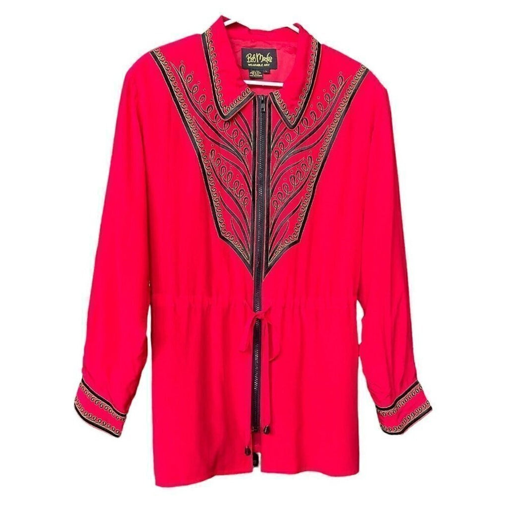 Bob Mackie Wearable Art 100% SILK Sz.L Red  Zipped Long Jacket Embroridered #HB