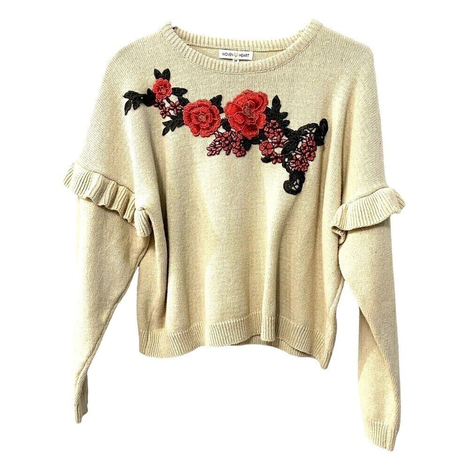 Woven Heart Women's Sweater, Embroidered Floral, Sz. M, Ruffle Sleeve, #1126
