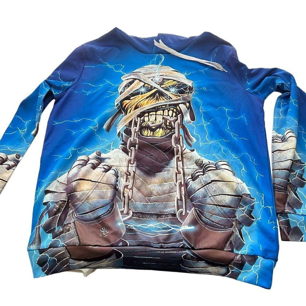 Iron Maiden Powerslave World Slavery Tour Hoodie Size L Poly Spandex Blue #B1494