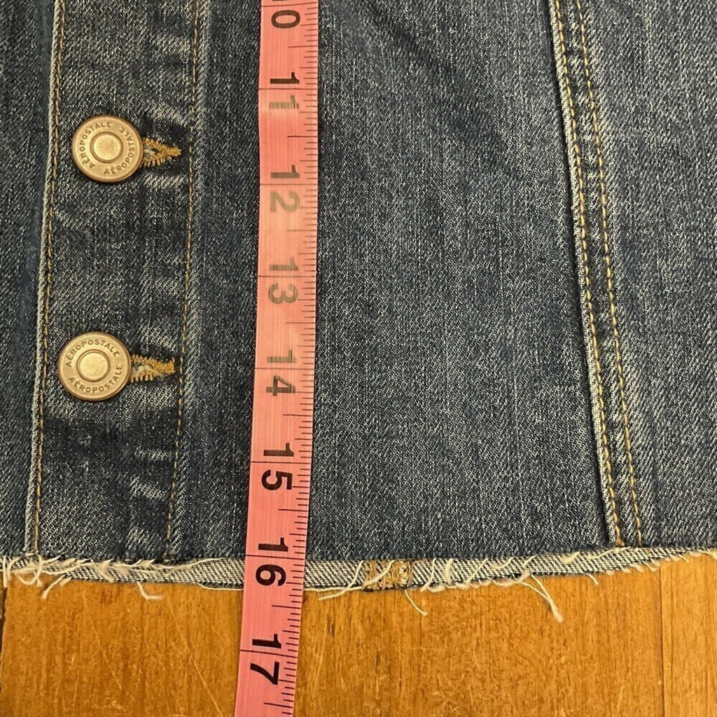 Aéropostale High-Rise Mini Frayed Denim Skirt – Size 10, Button-Front, Dark Blue #G1035