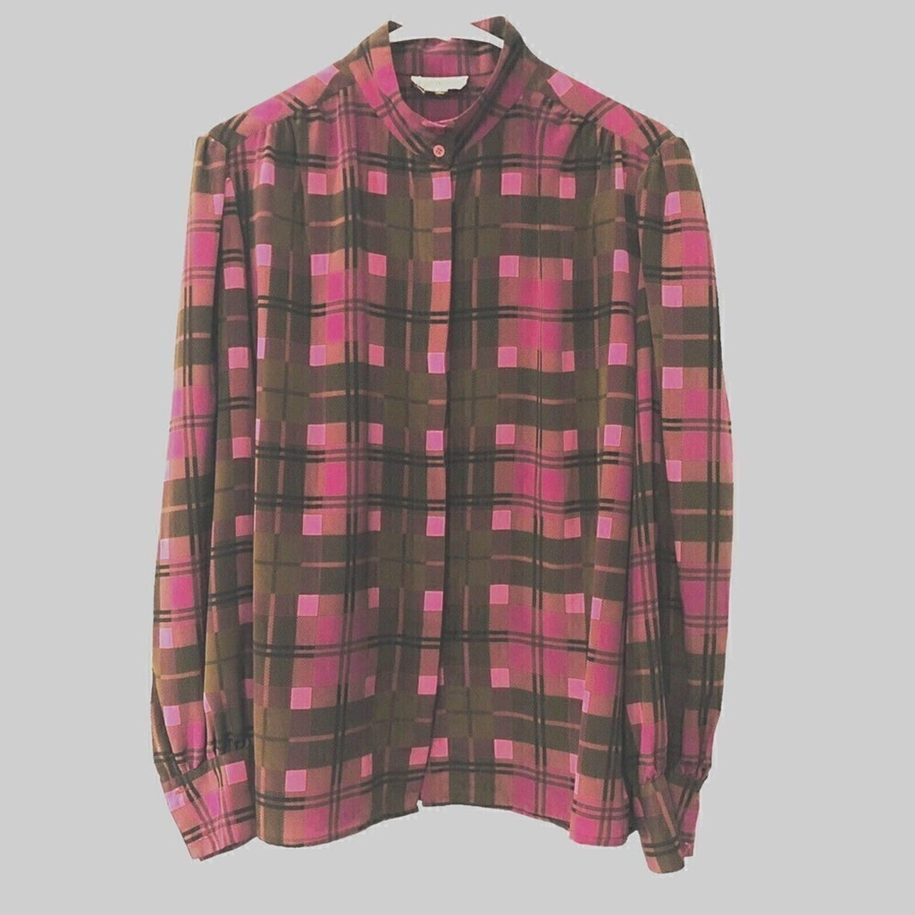 Vintage Lloyd Williams Shirt Women's Blouse Nehru Collar, Plaid Maroon/Pink