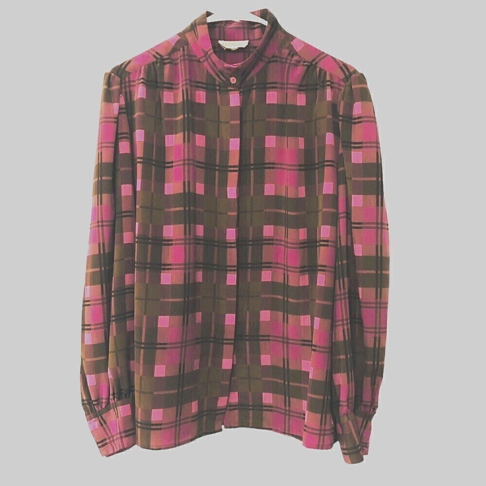 Vintage Lloyd Williams Shirt Women's Blouse Nehru Collar, Plaid Maroon/Pink